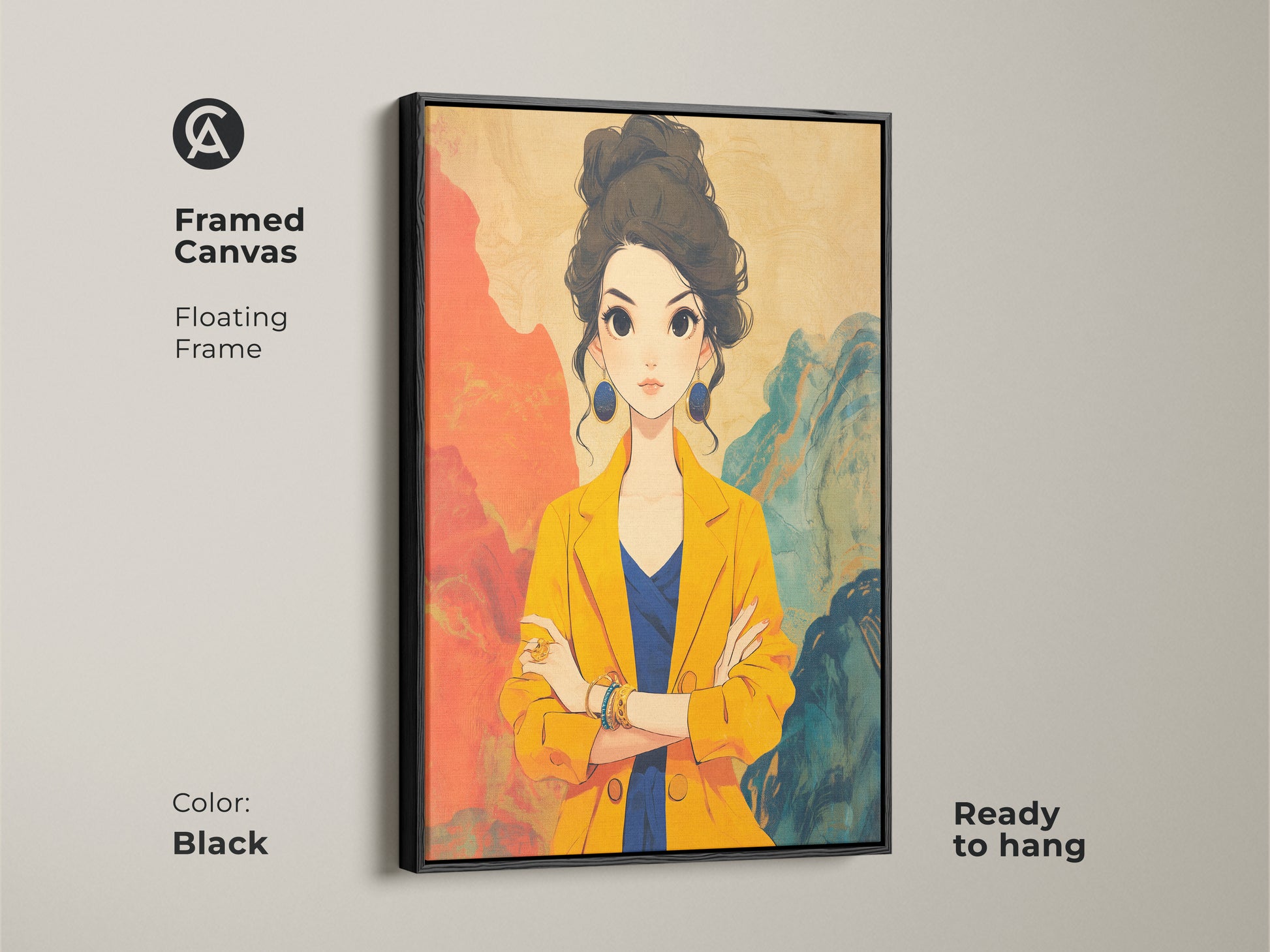Framed canvas art of a contemporary fashion portrait with a black floating frame. The artwork features an anime-inspired woman in yellow and blue. Ready to hang this stylish wall art adds a modern touch to any home decor. The black frame enhances the artwork's vibrant colors.