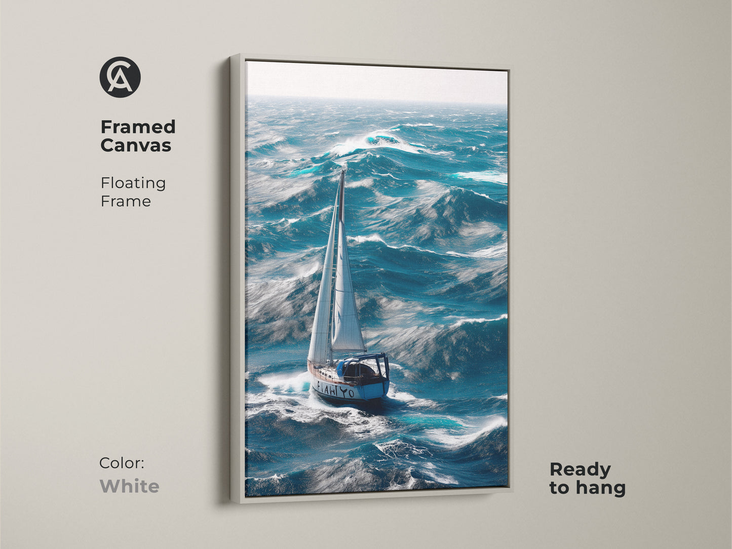 White framed canvas art featuring a sailboat navigating ocean waves. This nautical artwork captures the essence of maritime adventure decor. The deep blue seascape brings the ocean into your home. Ideal as a housewarming gift for sailors and coastal art lovers.