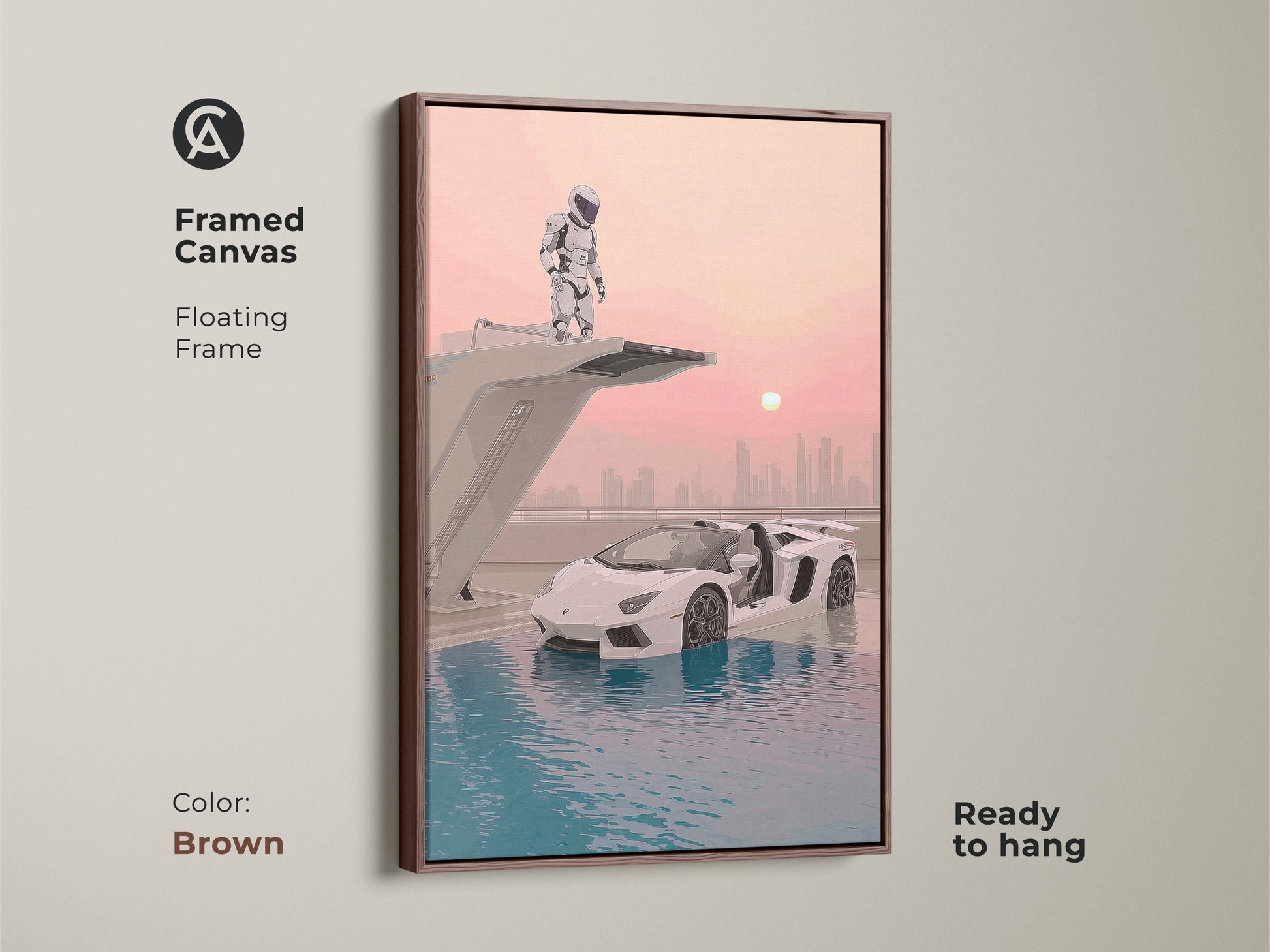 Framed canvas showcasing astronaut and supercar. Brown floating frame complements this surreal artwork. The canvas combines futuristic sci-fi themes with teal pink blue colors. The office wall art is ready to hang. Perfect contemporary art gift for car enthusiasts.