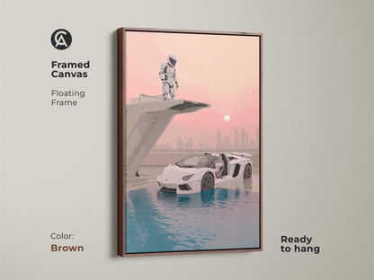 Framed canvas showcasing astronaut and supercar. Brown floating frame complements this surreal artwork. The canvas combines futuristic sci-fi themes with teal pink blue colors. The office wall art is ready to hang. Perfect contemporary art gift for car enthusiasts.