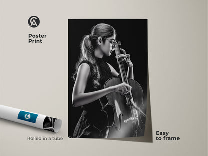 This poster print shows a cellist in monochrome. The contemporary artwork arrives rolled in a tube. Easy to frame this black and white cello art print is perfect for music lovers. The musician wall decor suits any modern space.