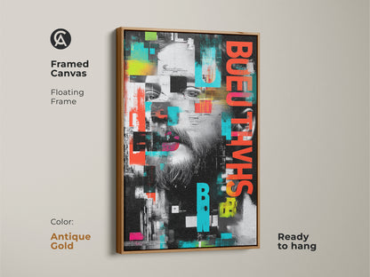 Framed canvas featuring abstract glitch art. Floating frame in antique gold. Ready to hang. Urban man face wall art in red black and teal abstract. Contemporary office wall decor or modern art print. Unique man portrait canvas for art lovers.