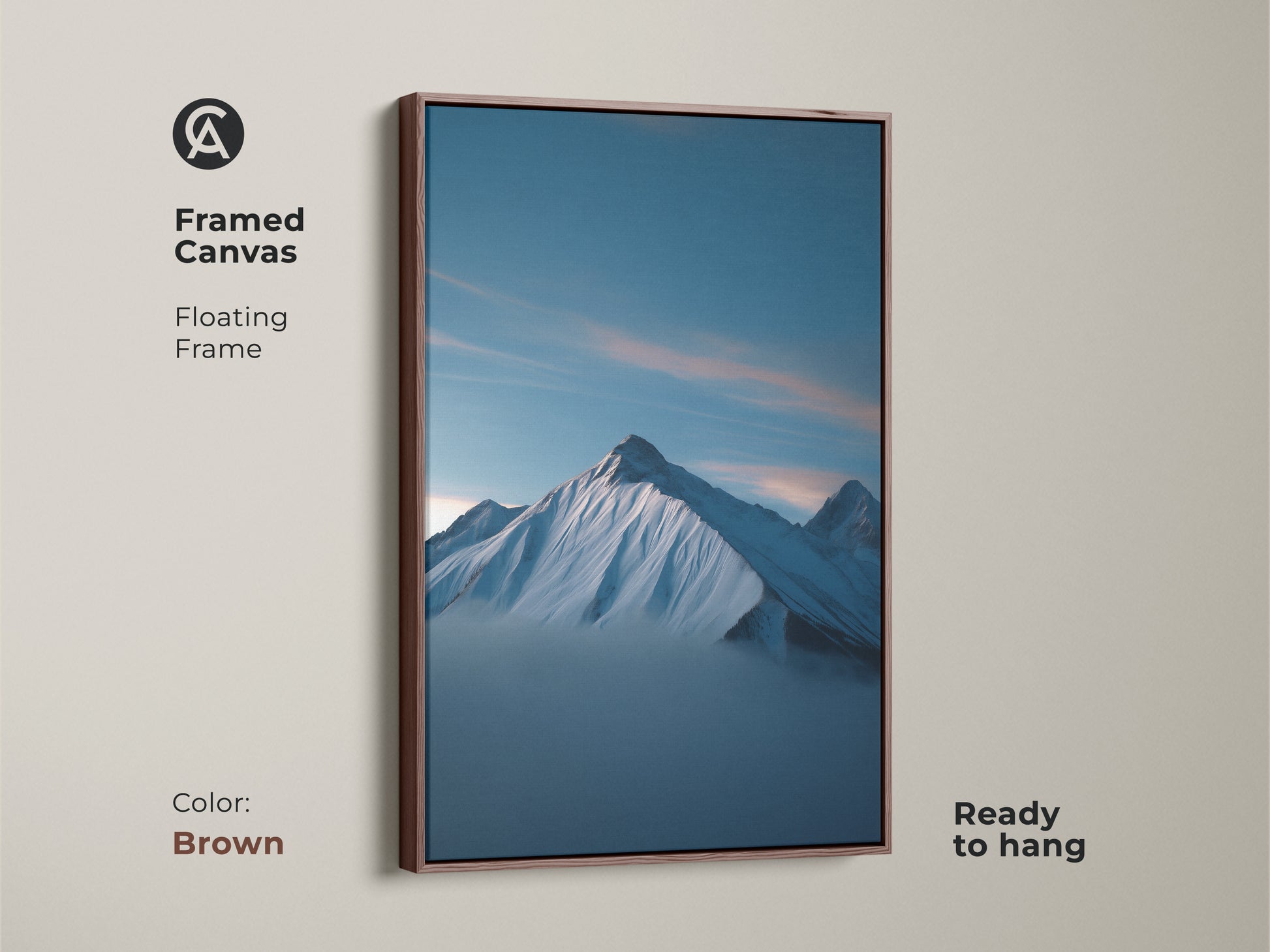 Framed canvas in brown featuring a Snowy Mountain Landscape. The deep blue landscape print is a ready to hang minimalist nature artwork. Perfect modern decor for an office or bedroom.