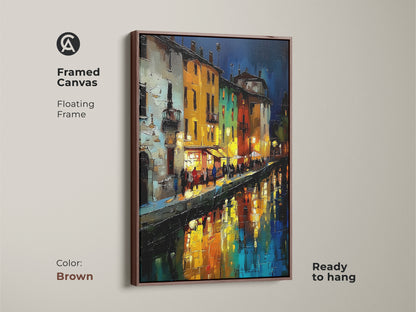 Night Cityscape Framed Canvas Print in Brown Floating Frame. European canal houses artwork makes a great housewarming gift europe. Ready to hang in any apartment living room or entryway. The art for wanderlust brings eclectic home decor.