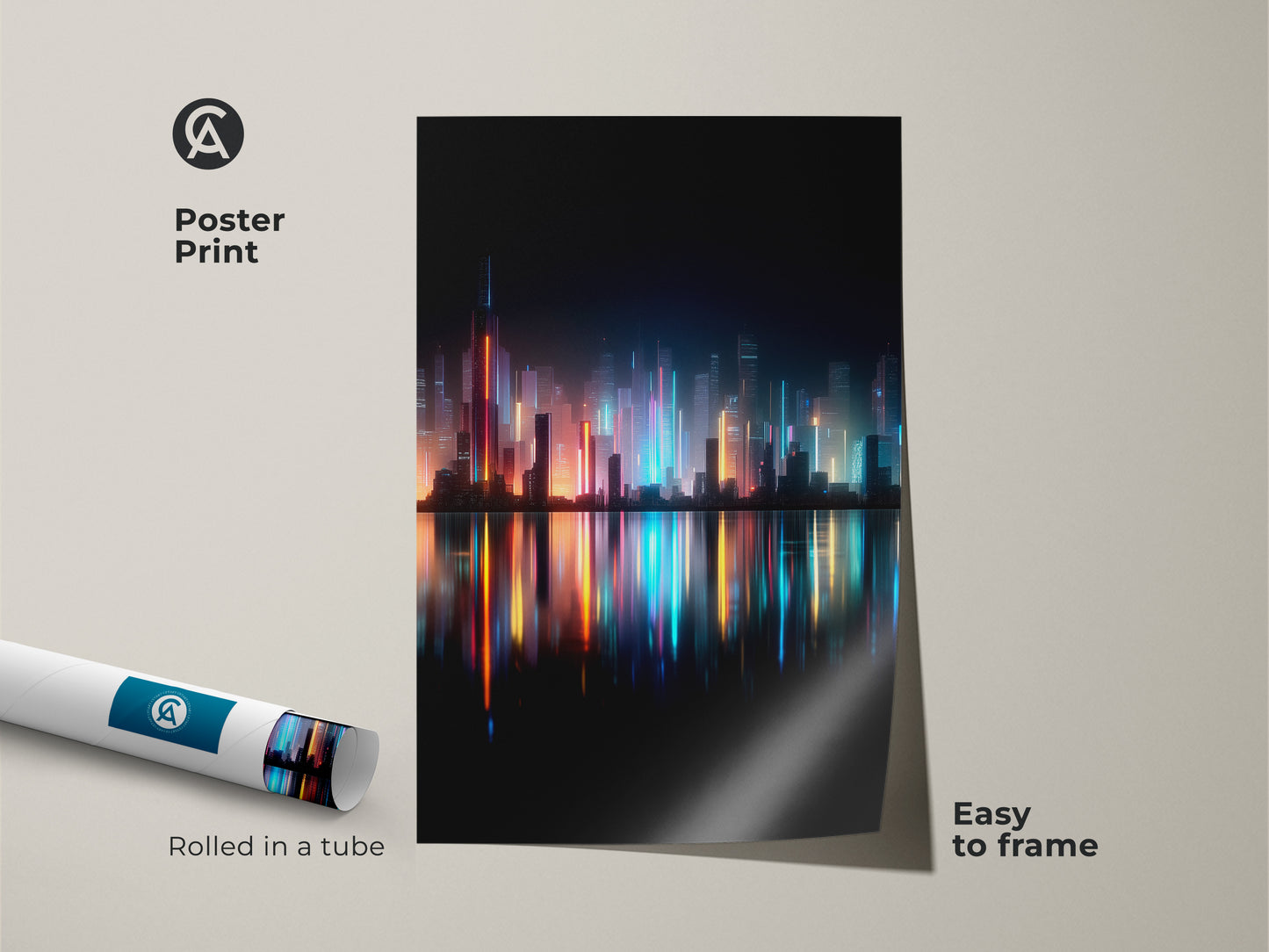 Poster print of a night skyline art piece. The poster is rolled in a tube for protection. It is easy to frame. The vibrant colors and city reflections make a bold statement.