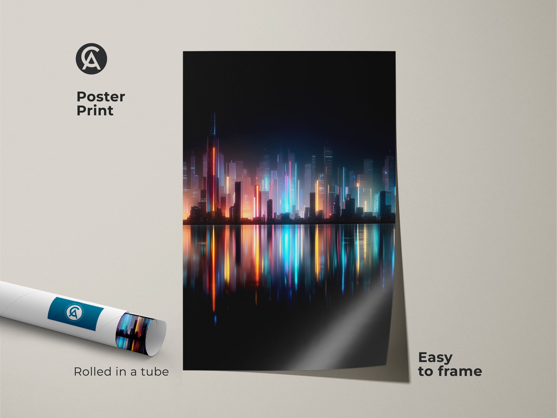 Poster print of a night skyline art piece. The poster is rolled in a tube for protection. It is easy to frame. The vibrant colors and city reflections make a bold statement.
