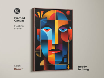 Framed canvas with an abstract face. This unique wall art features a floating brown frame. The colorful geometric art is ready to hang. Perfect for adding a modern art touch.