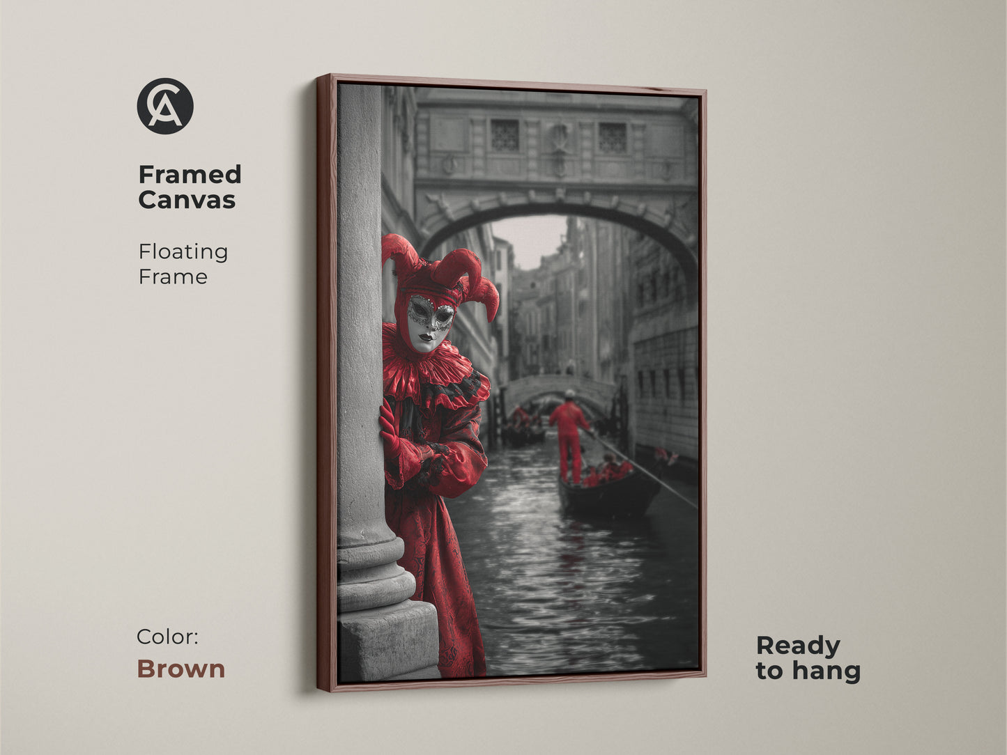 This is a Venice Carnival canvas print framed in brown showcasing Red jester costume art. This theatrical wall art is a Gondola canal scene in Venice. Ready to hang this masquerade ball artwork offers eclectic home decor with a floating frame.