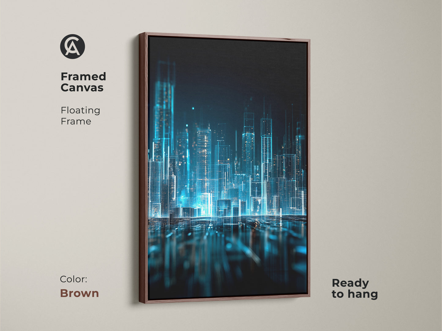 Brown framed canvas of digital city art. This artwork is a blue glowing cityscape. The art features a modern city. This canvas has a floating frame. This canvas is ready to hang.