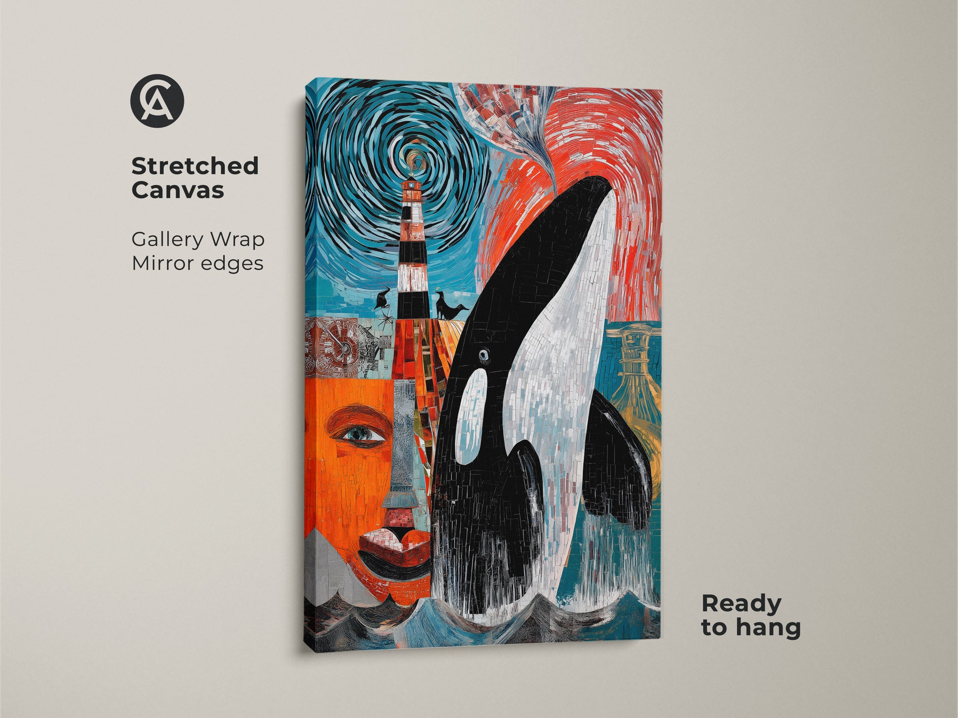 Stretched Canvas showcasing abstract Orca whale art in a mosaic lighthouse scene. This eclectic home office artwork has a gallery wrap with mirrored edges. The teal orange & black piece is ready to hang. It is perfect for ocean marine life wall decor.