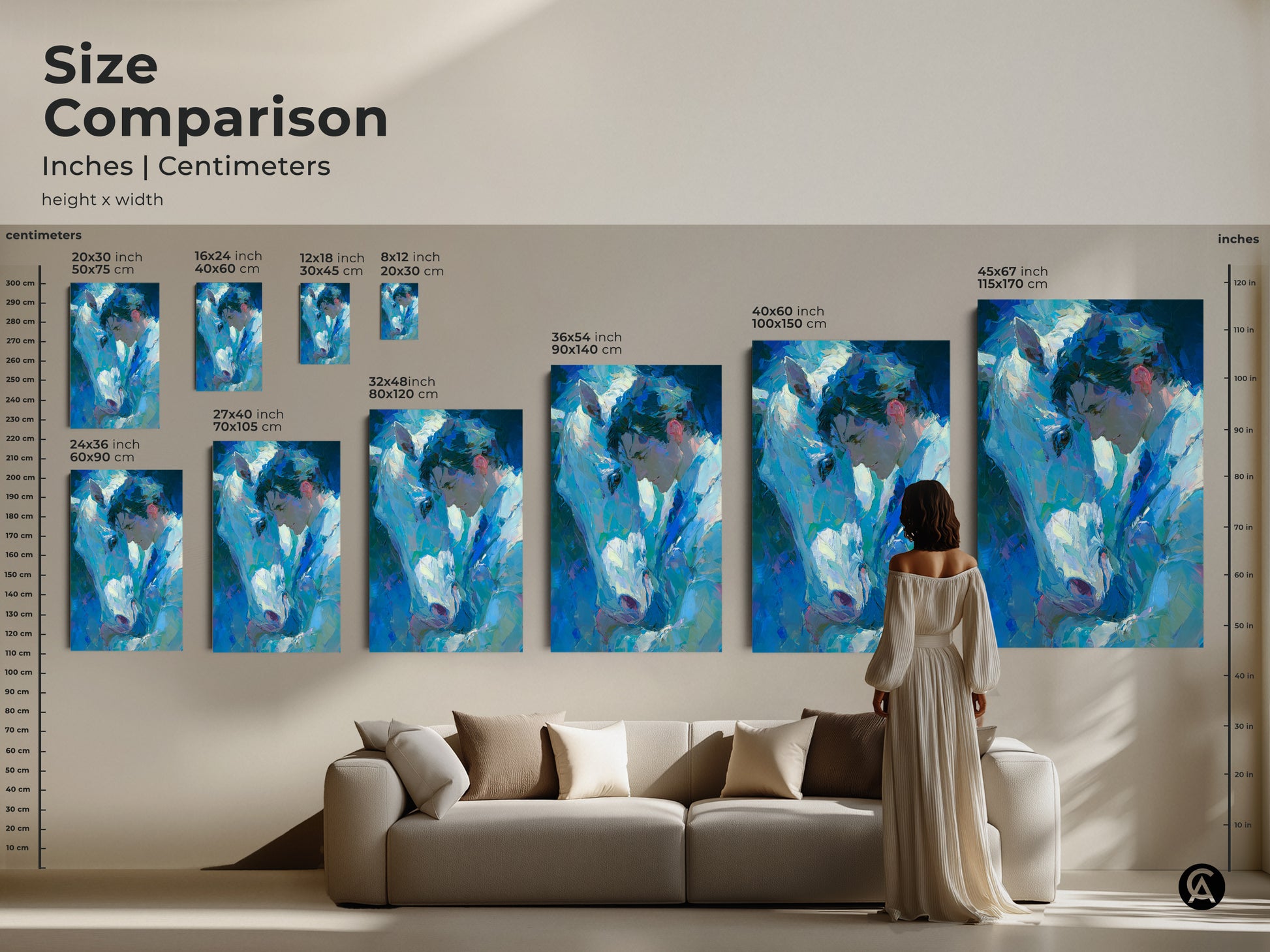 Size comparison of the man and horse artwork prints. See the art in various sizes from small to extra large. Visualize how each size will look in your home. Perfect for adding a personal touch to any room. Get your ready to hang canvas today.