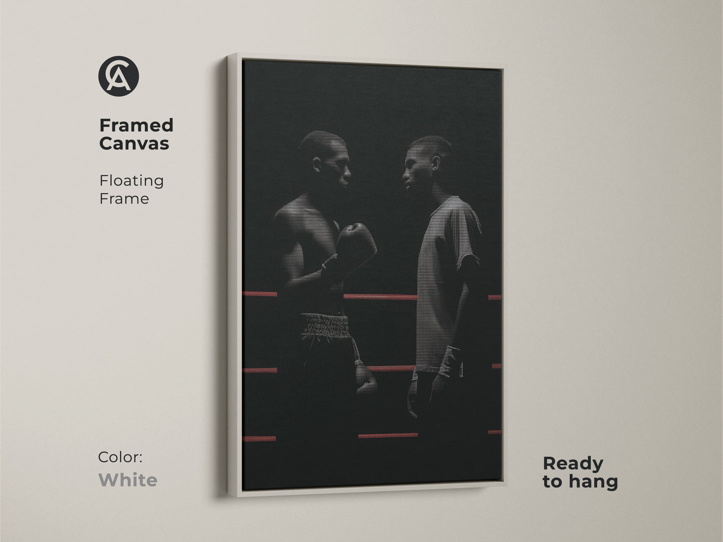 Framed canvas featuring minimalist boxer artwork in a white floating frame. The black and white art shows boxers in a ring. It's ready to hang perfect for adding motivation to any space. Ideal industrial style for a sports enthusiast or boxing fan. Elevate your office workspace art.