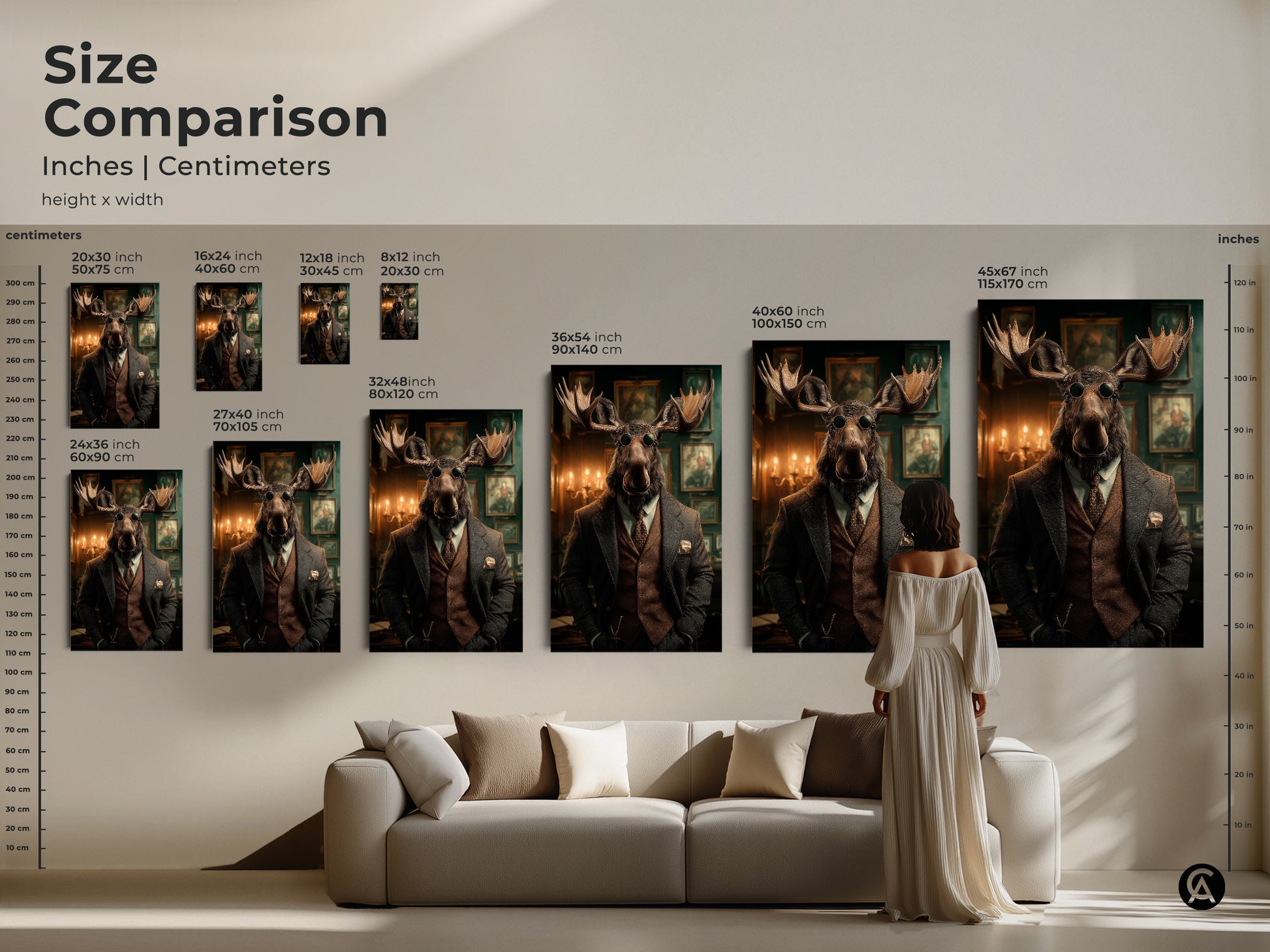 A size comparison featuring a steampunk moose inches and centimeters. Various sizes displayed above a sofa. This Victorian gentleman offers eclectic office decor. Select the ideal scale for your space for this unique portrait canvas.
