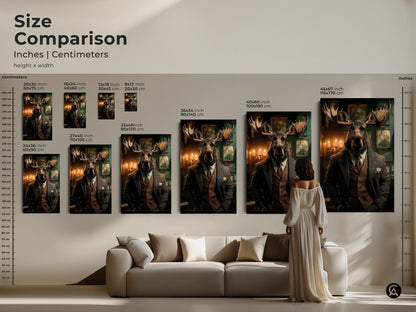 A size comparison featuring a steampunk moose inches and centimeters. Various sizes displayed above a sofa. This Victorian gentleman offers eclectic office decor. Select the ideal scale for your space for this unique portrait canvas.