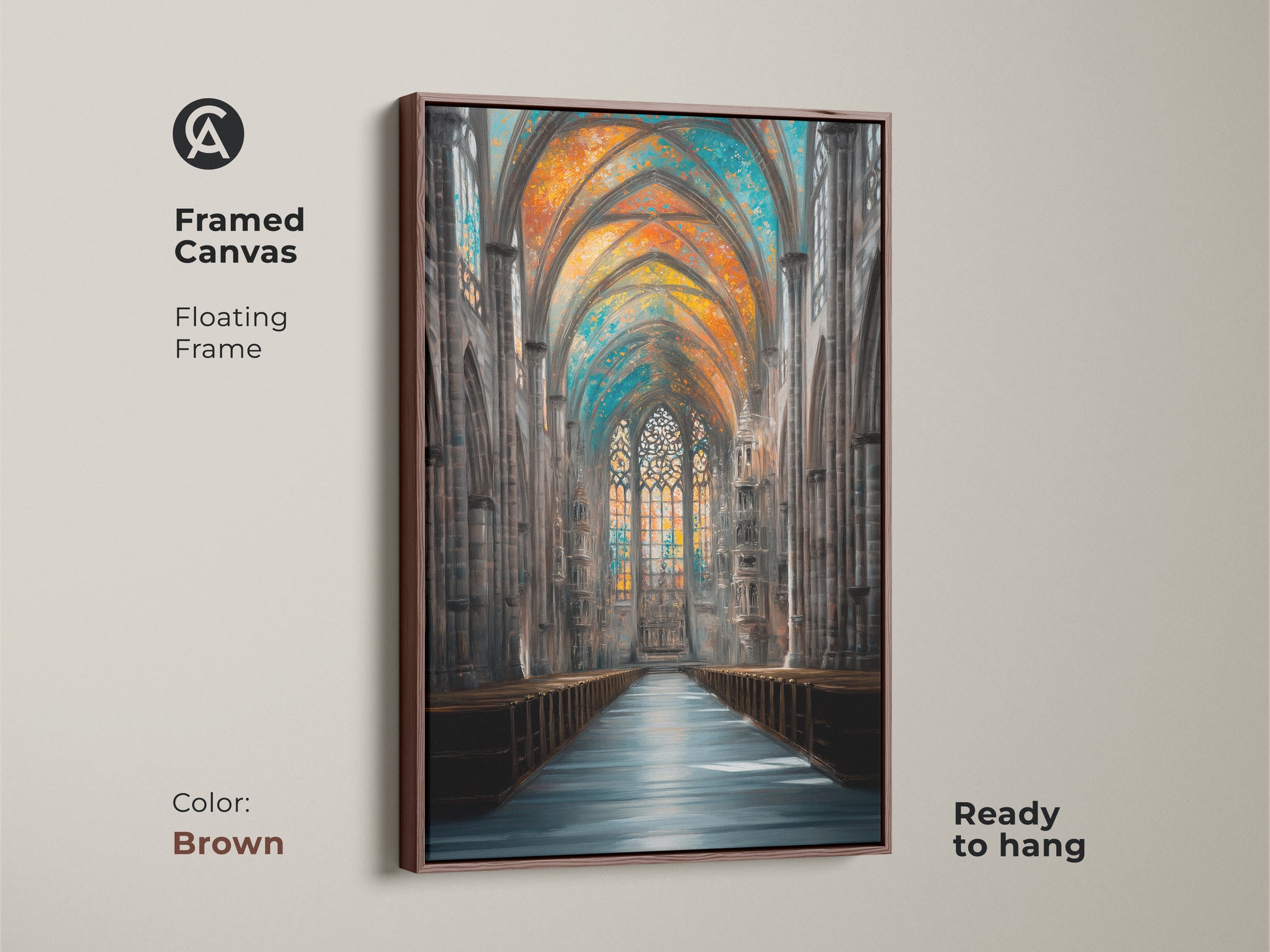 The framed canvas features a Gothic cathedral interior artwork. This floating frame is brown. This ready-to-hang art piece showcases stained glass windows in orange blue and teal. It is a great housewarming gift for history buffs.