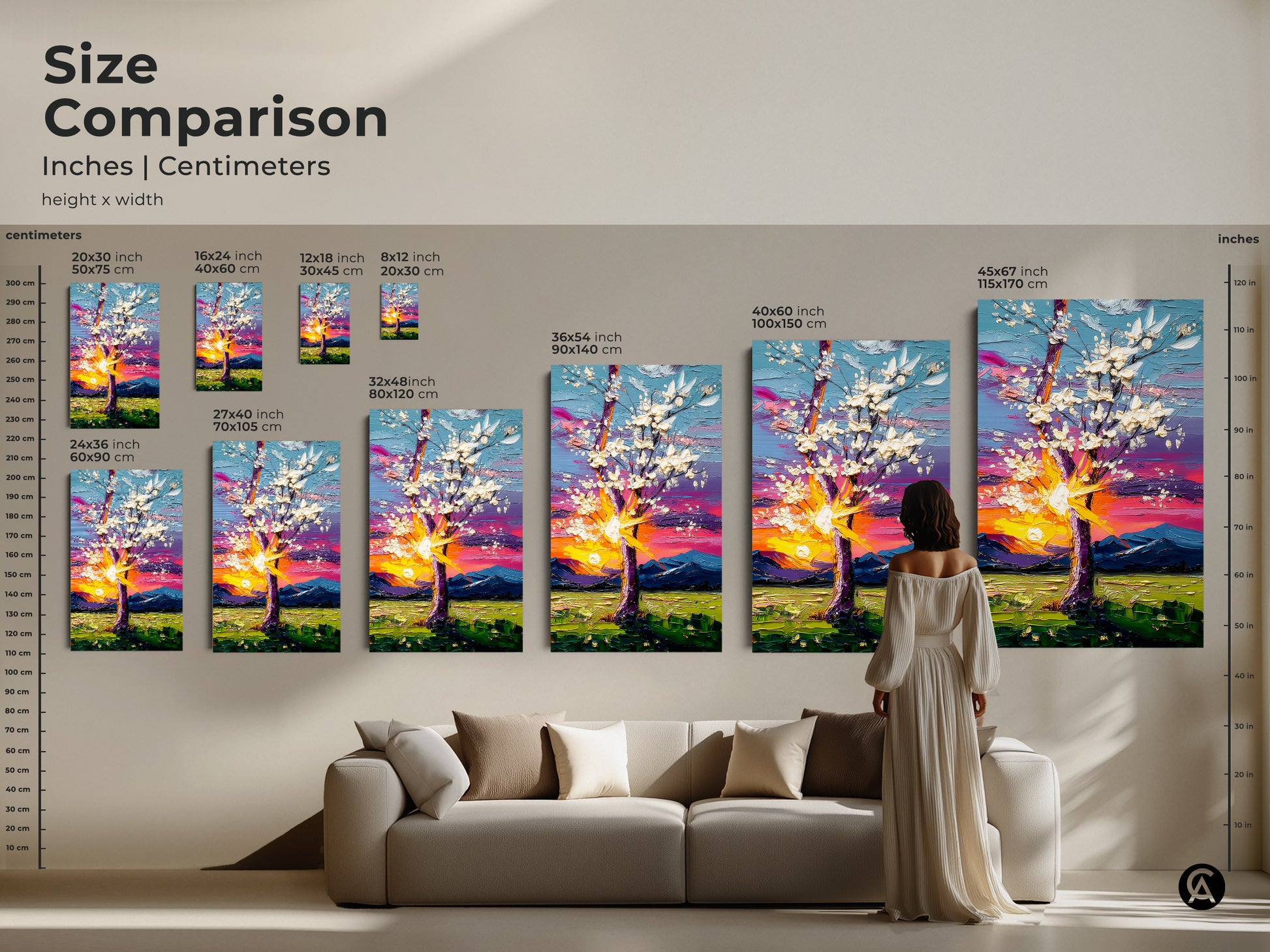 Size comparison of this sunset landscape print in inches and centimeters. Various sizes displayed above a sofa showing scale and impact. Perfect for creating a statement wall with nature-inspired artwork. Sizes from small to extra large.