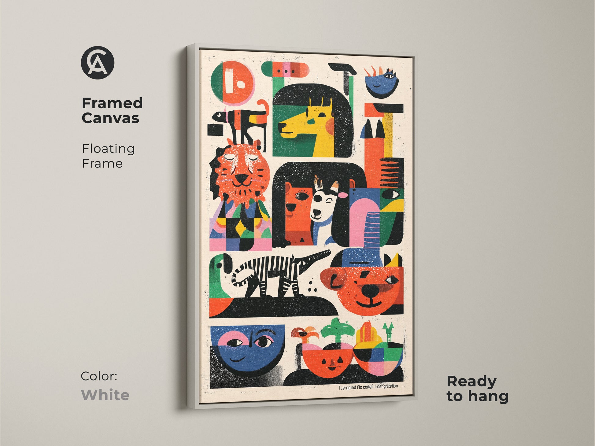 White framed canvas folk art animal print ready to hang. This mid-century modern artwork features abstract tigers and zebras. A unique piece of wall decor for eclectic kids room decor.