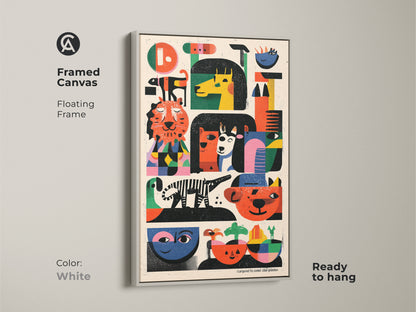 White framed canvas folk art animal print ready to hang. This mid-century modern artwork features abstract tigers and zebras. A unique piece of wall decor for eclectic kids room decor.