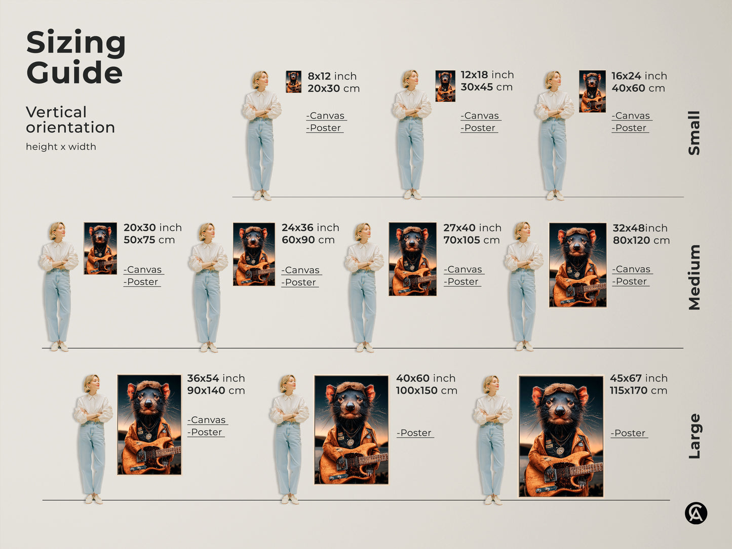 Sizing guide for Tasmanian Devil Guitarist art. Vertical orientation canvas and poster prints available. Find small medium and large sizes. Perfect wall decor for any space. A unique musician gift idea.