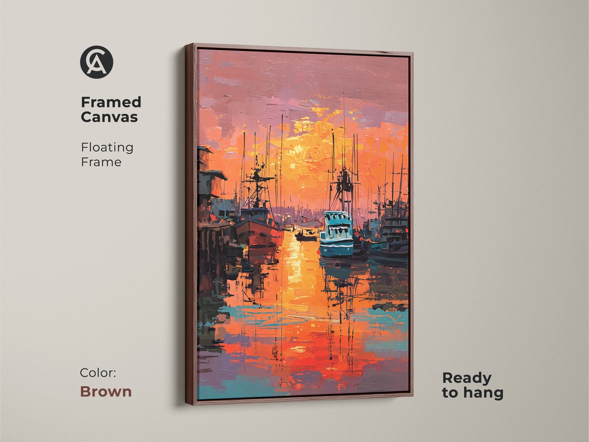 This framed canvas artwork with a brown frame presents a vibrant harbor at sunset. The floating frame accentuates the marine artwork. The oil painting style and warm colors make it inviting. Ready to hang and enjoy this beautiful piece.