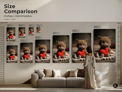 Size comparison of kitten holding heart artwork. See the artwork in various sizes above a couch. Visualize the 20x30 inch to 45x67 inch options. This adorable cat canvas print fits seamlessly into your home decor.
