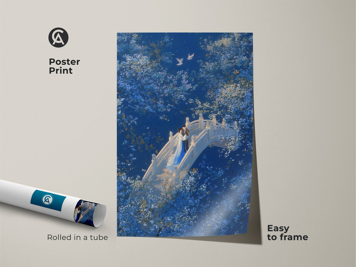 A poster print displays a Couple on Bridge Wall Art. The Deep Blue Romantic Art features White Blossom details. This Fantasy Nature Couple Art is easy to frame. It is an ideal Anniversary Gift for Lovers. The blue cyan artwork adds love to any space.