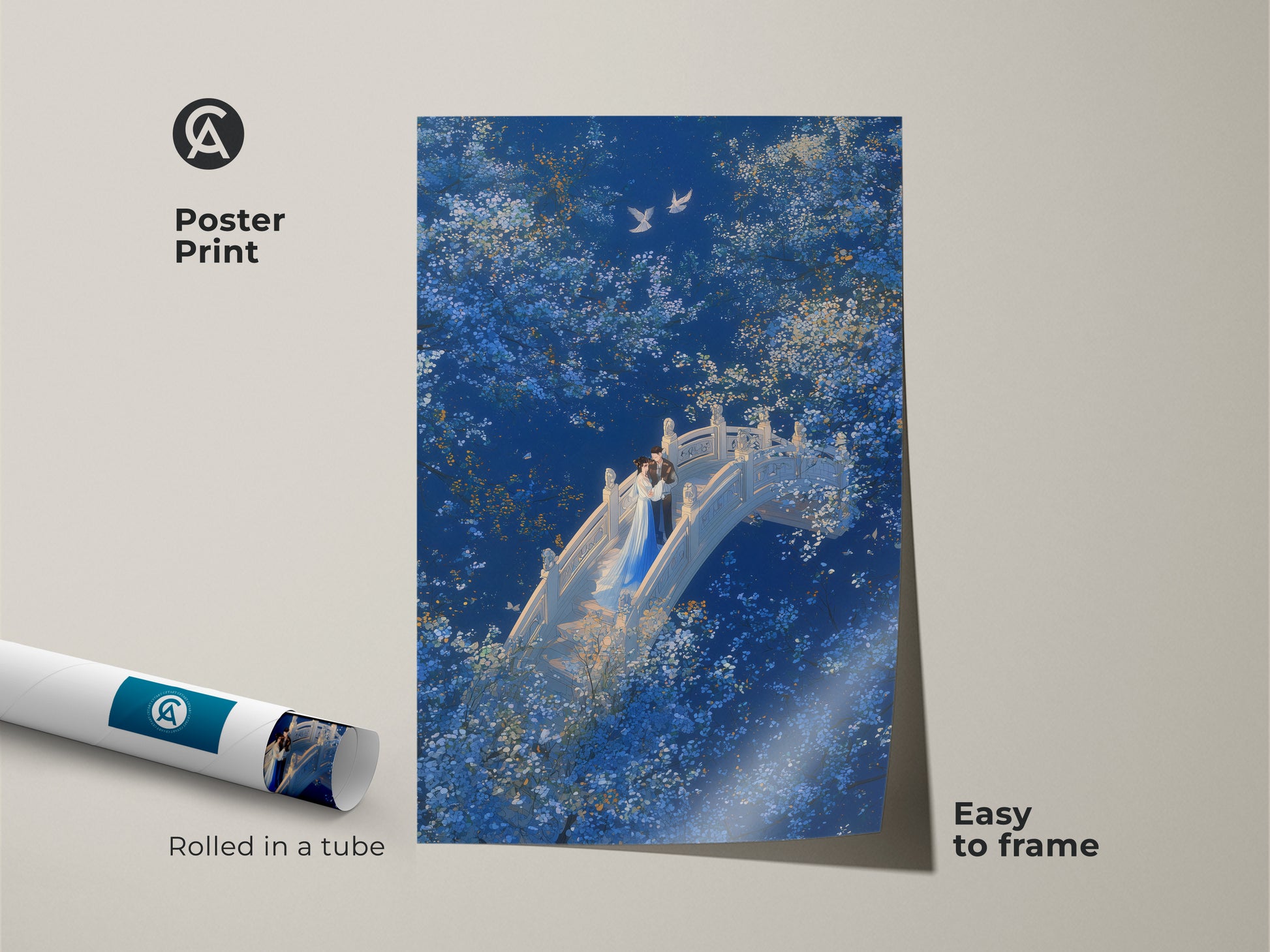 A poster print displays a Couple on Bridge Wall Art. The Deep Blue Romantic Art features White Blossom details. This Fantasy Nature Couple Art is easy to frame. It is an ideal Anniversary Gift for Lovers. The blue cyan artwork adds love to any space.