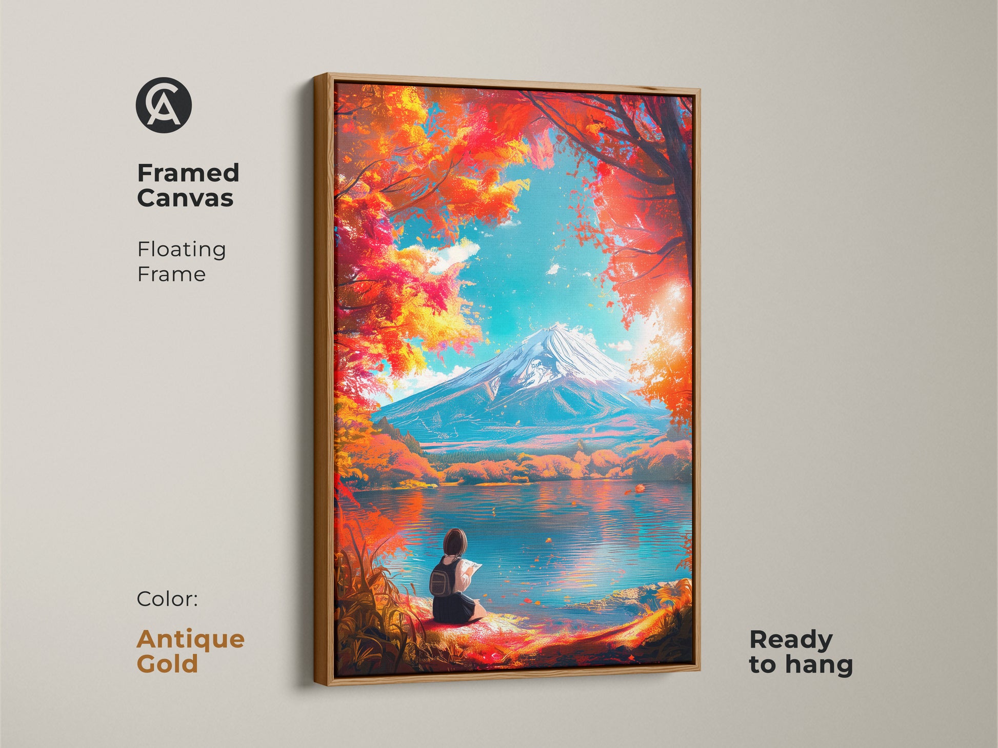 Framed canvas artwork with a floating frame in antique gold color. The artwork features Mount Fuji and a girl reading. This ready-to-hang piece adds a vintage touch to your decor. Shop now for unique art.