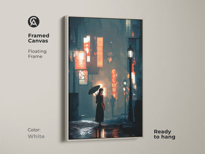 Framed canvas art of a woman with umbrella in neon city. The floating frame is white. This glowing neon signs art is ready to hang. The deep blue orange teal colors create an urban vibe. It is ideal for adding a touch of drama to any room.