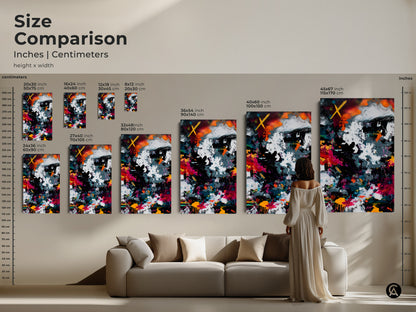 Size comparison of abstract art prints in inches and centimeters. Visualize how each artwork size fits in your living space. See the art in various dimensions. Find the perfect scale to enhance your home decor. Transform your interior with our art collection today