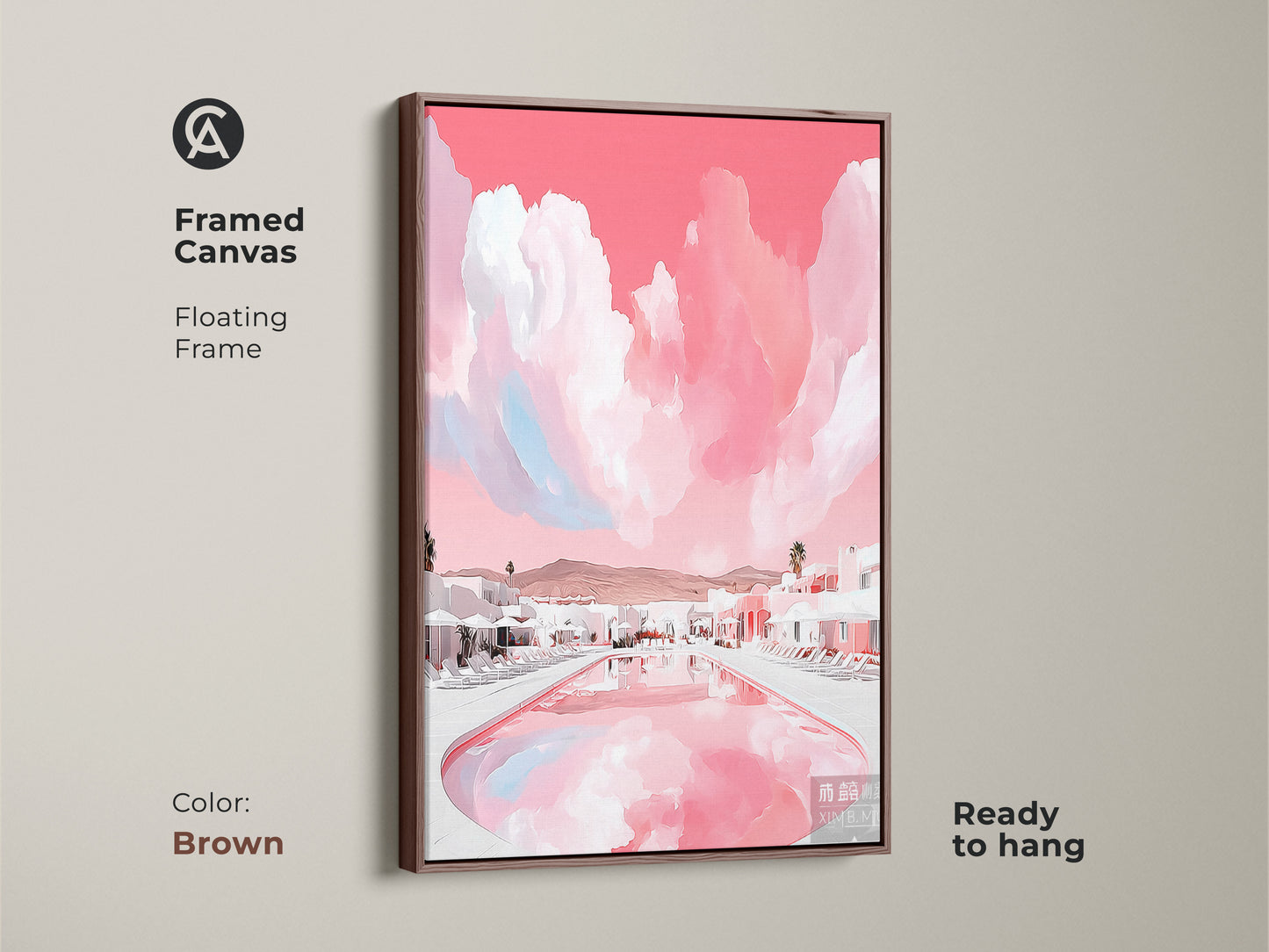 Framed canvas art in a brown floating frame showcasing a modern abstract landscape print.  This contemporary travel decor brings luxury hotel art to your space. It's ready to hang and ideal for modern home decor.