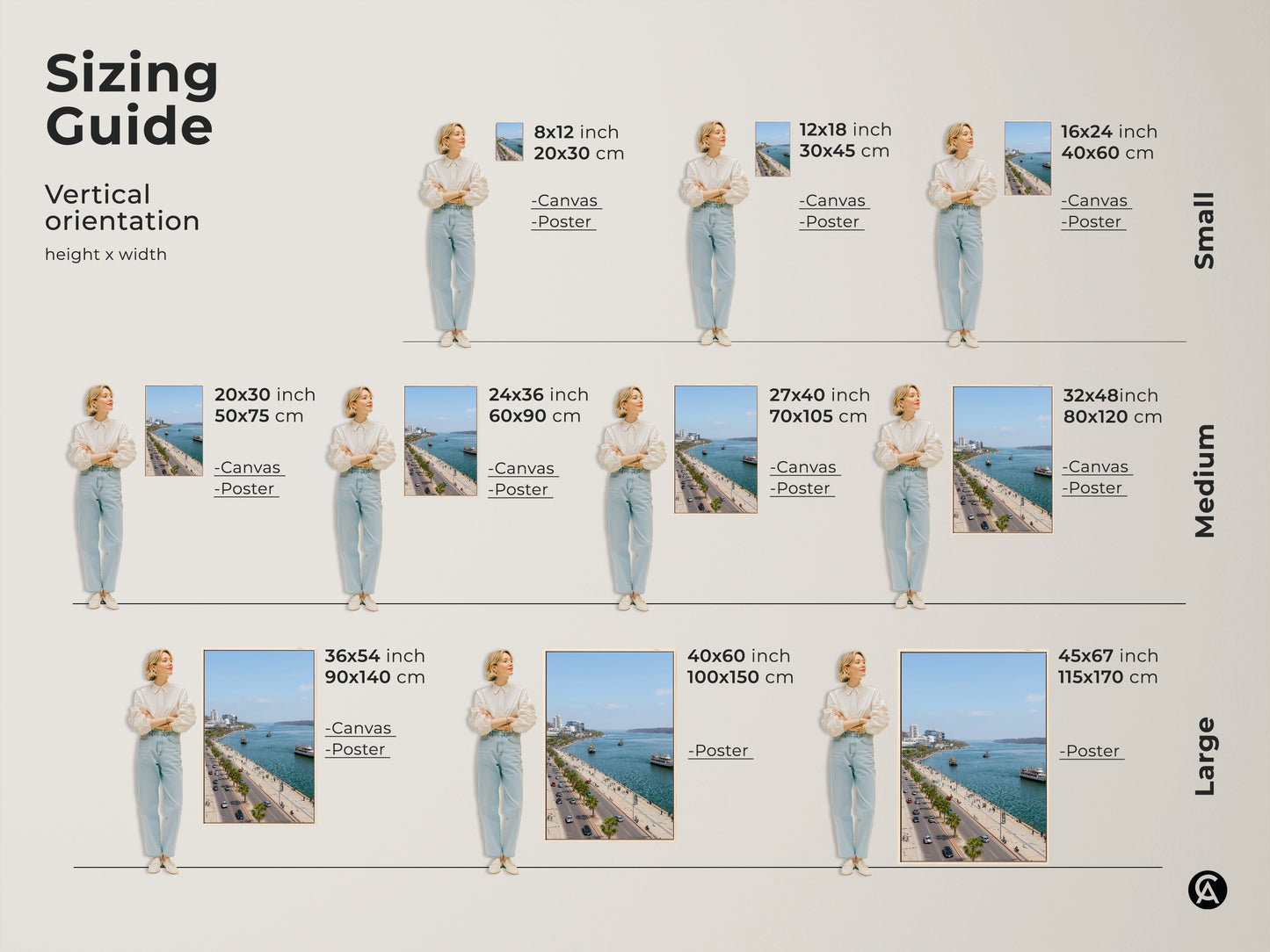 Sizing guide for vertical coastal cityscape artwork. Available in small medium and large sizes. Options include canvas or poster prints. Find the perfect fit for your travel photography wall art.