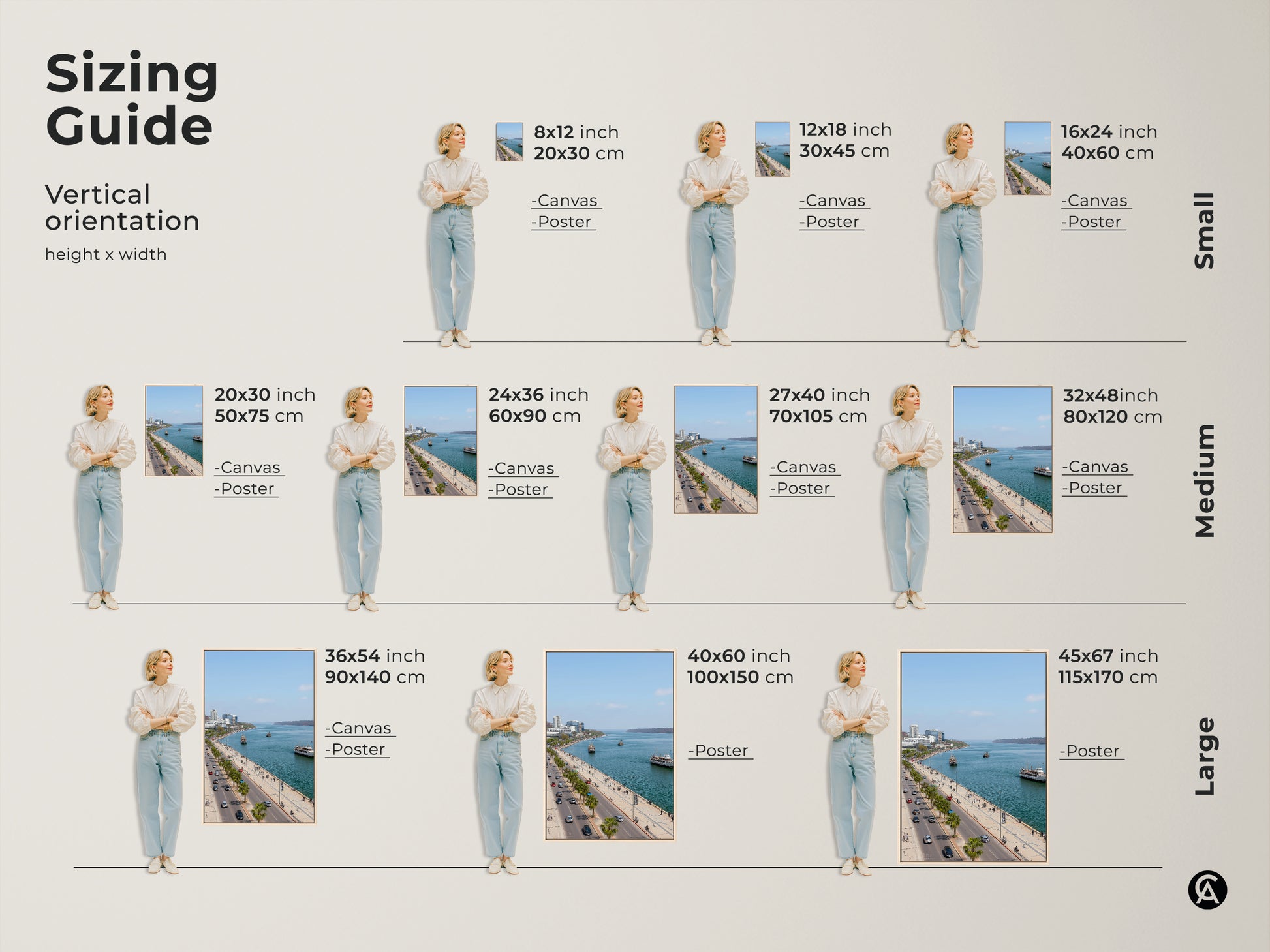 Sizing guide for vertical coastal cityscape artwork. Available in small medium and large sizes. Options include canvas or poster prints. Find the perfect fit for your travel photography wall art.
