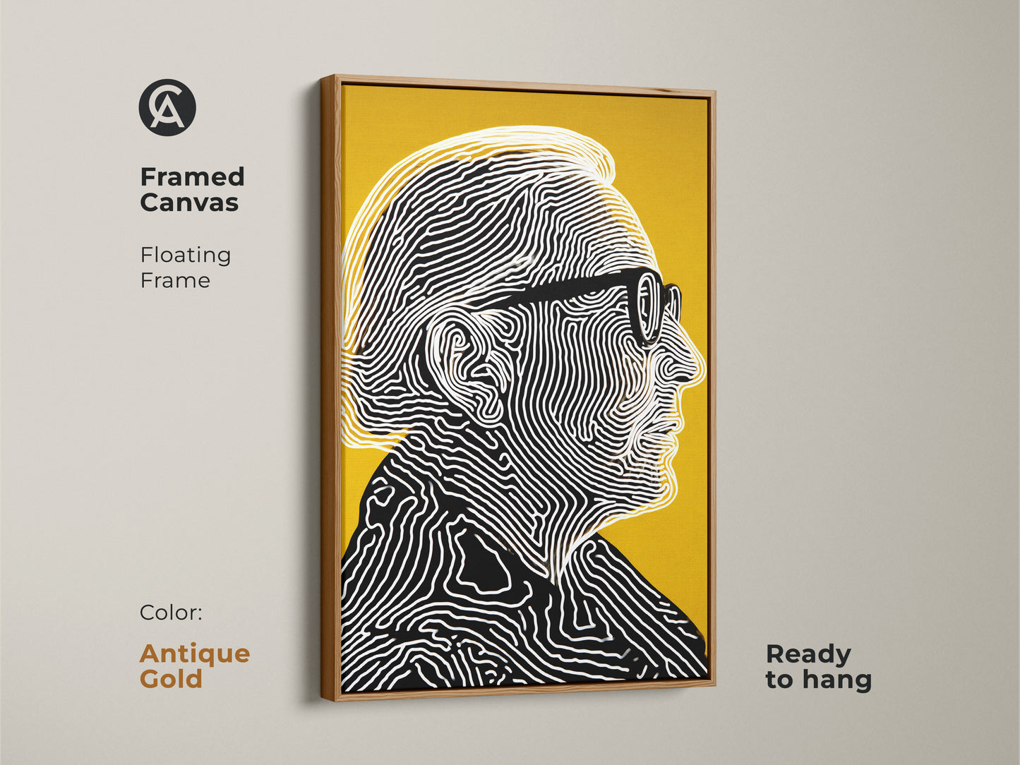 Framed canvas artwork featuring a portrait of a man with glasses. The antique gold floating frame enhances the modern artwork. It features black and white line art on a yellow background. Ready to hang in any room.