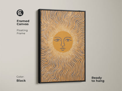 Black Framed Canvas featuring an Abstract Sun Face with wavy lines. Its Mustard Yellow and Gray tones evoke a Boho Minimalist vibe. Ready to hang this celestial piece adds charm to any bedroom.  It is a unique Boho Wall Decor.