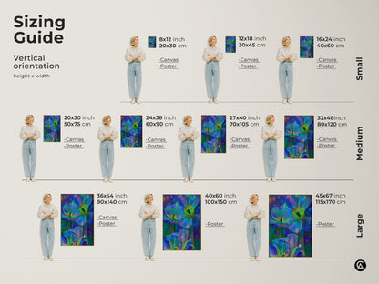 Sizing guide for vertical abstract floral art prints. Visualize canvas and poster sizes from small to large. Find the perfect fit for your space enhancing it with blue teal green poppy and anemone art. Nature-inspired wall decor to complement any room.