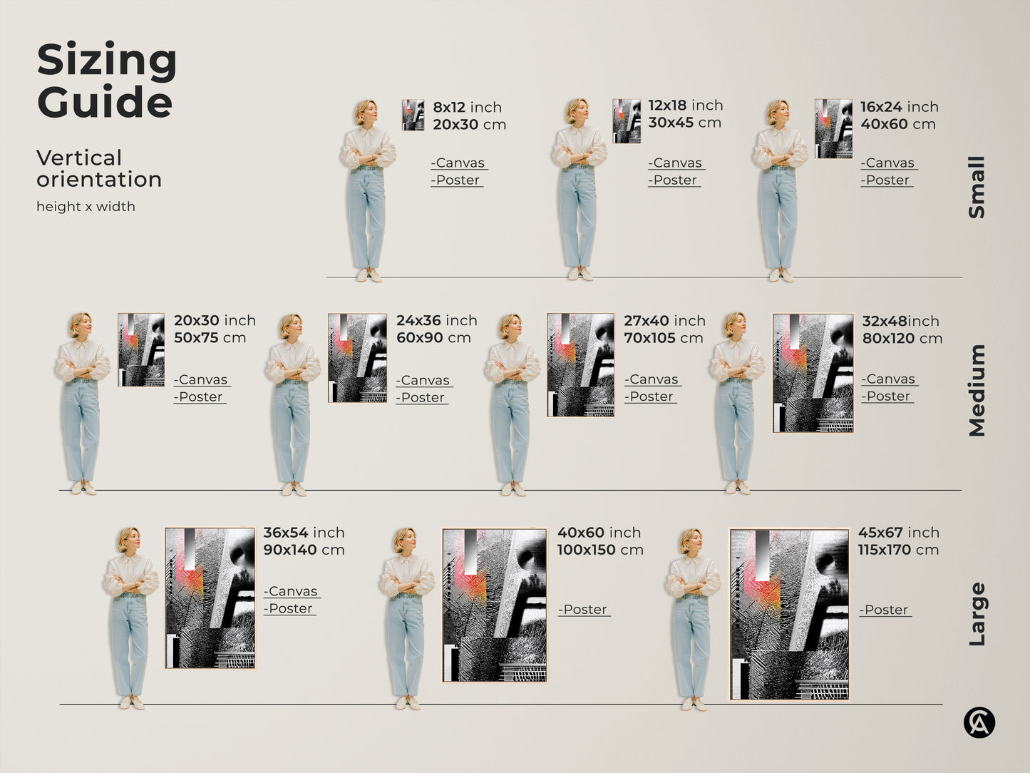 Sizing Guide showing a Glitch Art Canvas Print in various vertical orientation sizes. The abstract geometric face collage features black white and red tones. Perfect for adding a modern touch to any space.
