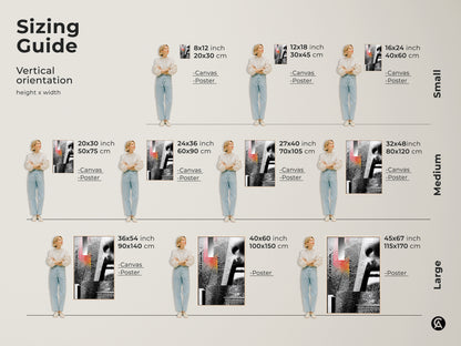 Sizing Guide showing a Glitch Art Canvas Print in various vertical orientation sizes. The abstract geometric face collage features black white and red tones. Perfect for adding a modern touch to any space.