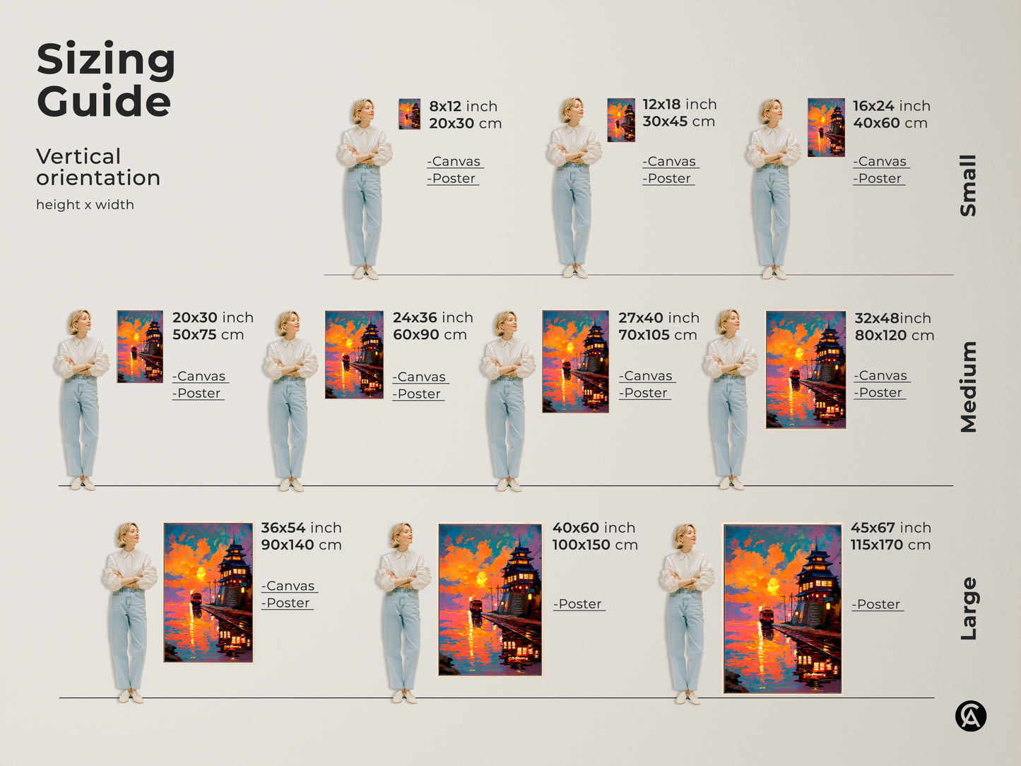 Sizing guide for the vertical sunset Japanese pagoda and train canvas and poster prints. Ranging from small to large sizes. Find the perfect fit for your space. This orange yellow and teal artwork is a unique travel gift idea.