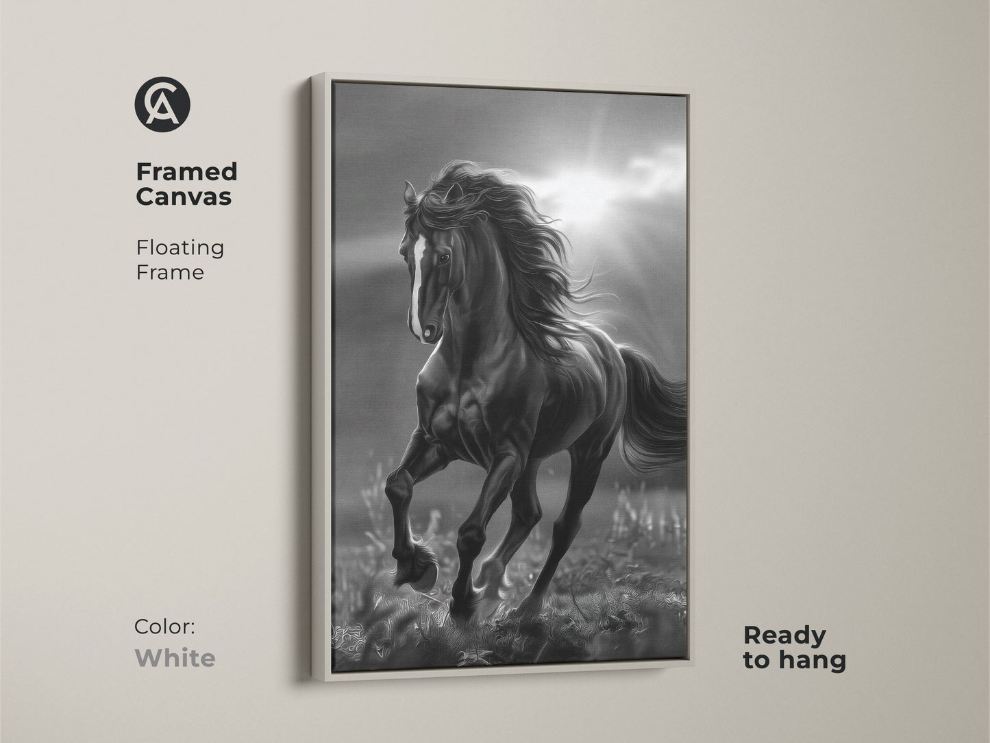 White framed canvas of black and white horse art. The horse is running in a field with sun rays in the background. The canvas has a floating frame and is ready to hang. Horse artwork for your home.
