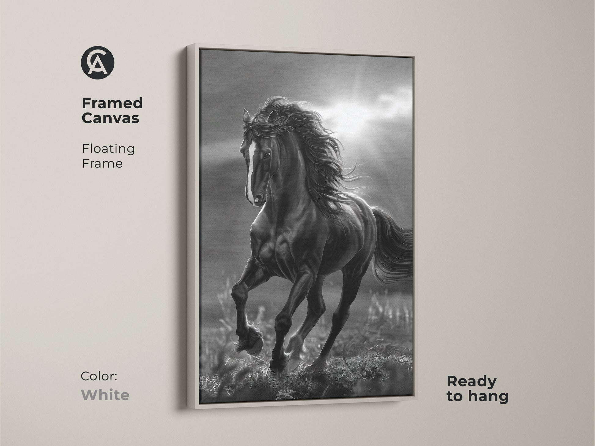 White framed canvas of black and white horse art. The horse is running in a field with sun rays in the background. The canvas has a floating frame and is ready to hang. Horse artwork for your home.