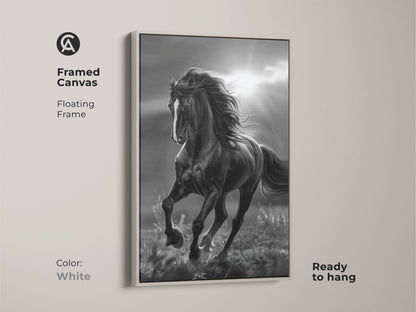 White framed canvas of black and white horse art. The horse is running in a field with sun rays in the background. The canvas has a floating frame and is ready to hang. Horse artwork for your home.