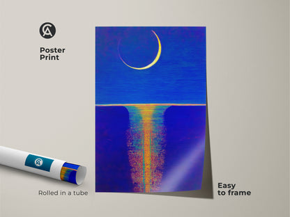 A poster print displays abstract night scene. It features a celestial moon art in deep blue and ochre. The print is easy to frame and arrives rolled in a tube for safe shipping. This is stunning unique home wall art.