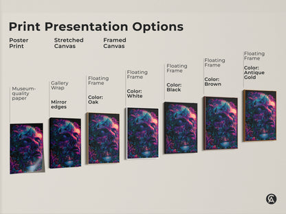 Print presentation options showcasing poster prints stretched canvas and framed canvas. Each features psychedelic face art. Choose the perfect style to match your aesthetic. Enhance your space with museum-quality art prints.