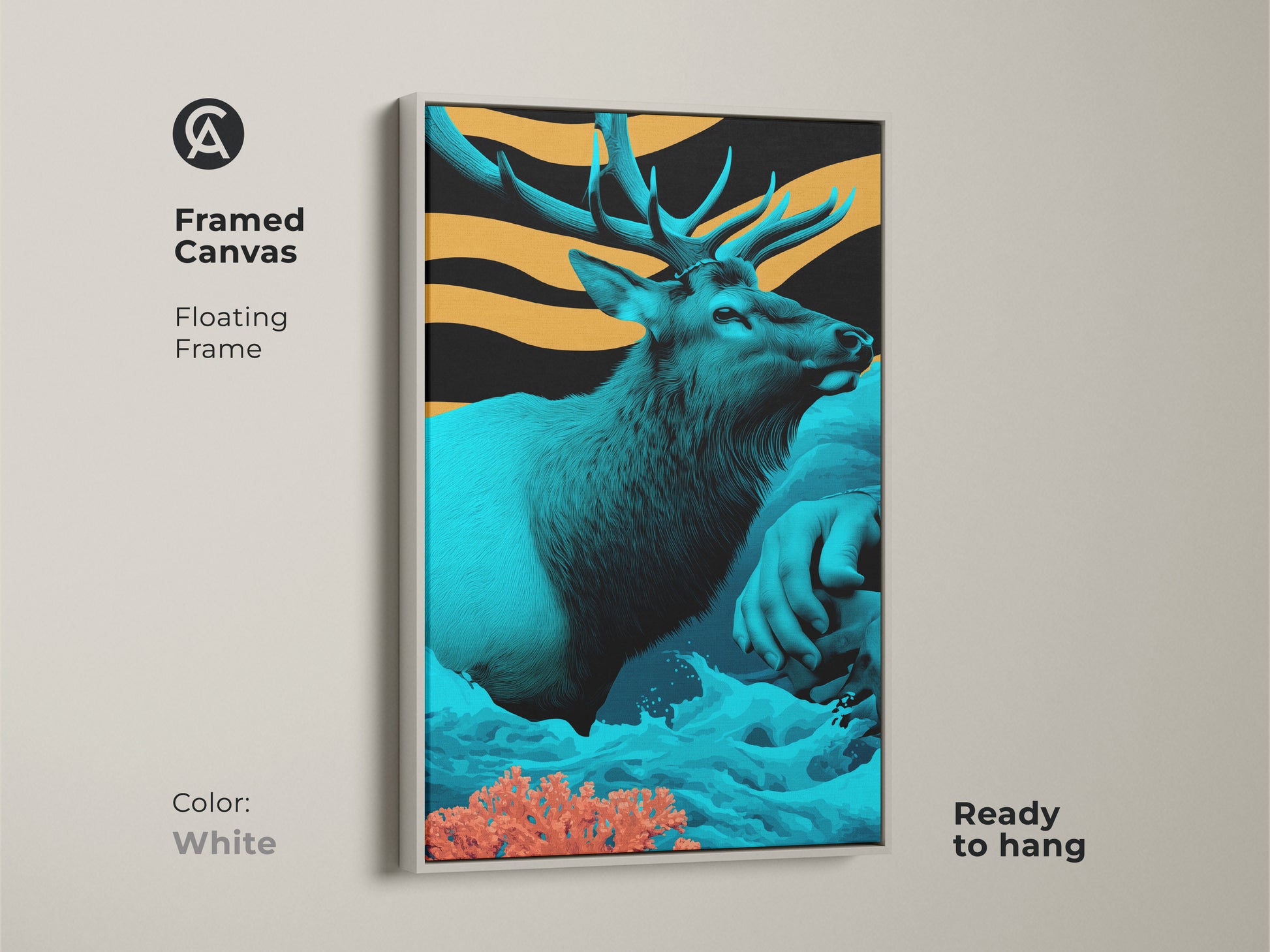 This framed canvas features an elk art in teal and orange tones in a floating white frame. The wildlife animal artwork adds a touch of eclectic style to any space. It's ready to hang creating a modern aesthetic. This Art Nouveau elk is a unique present.