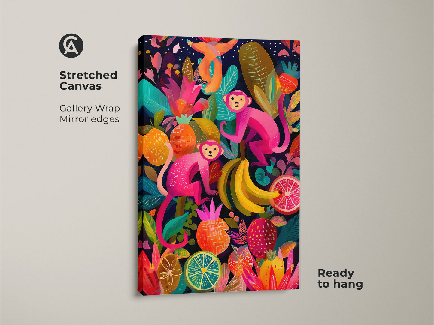 A stretched canvas displays vibrant jungle animal artwork with two pink monkeys and tropical fruits. Ready-to-hang gallery wrap features mirror edges. This eclectic botanical decor adds a colorful accent to any room. Ideal animal lover gift art for a kids nursery. Add playful energy to your space