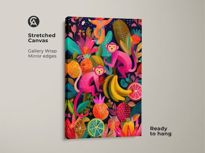 A stretched canvas displays vibrant jungle animal artwork with two pink monkeys and tropical fruits. Ready-to-hang gallery wrap features mirror edges. This eclectic botanical decor adds a colorful accent to any room. Ideal animal lover gift art for a kids nursery. Add playful energy to your space