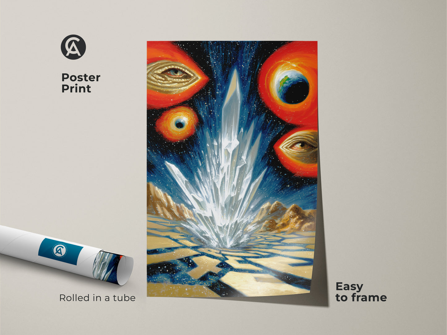 Poster Print of surreal crystal landscape art with cosmic space eyes and earth ready to frame. The abstract celestial artwork is rolled in a tube for protection. Perfect as a unique home decor gift featuring otherworldly planet earth and starry galaxy themes.