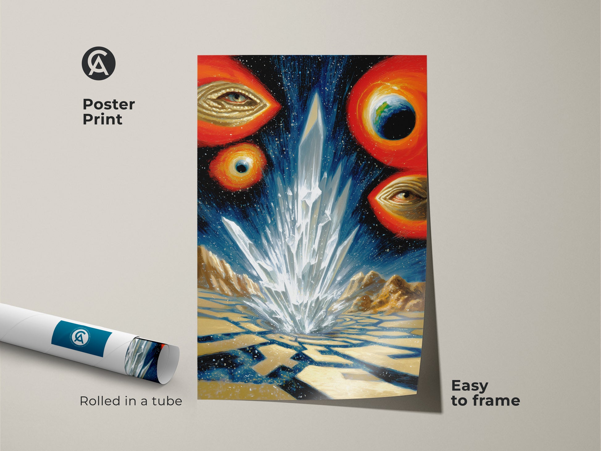 Poster Print of surreal crystal landscape art with cosmic space eyes and earth ready to frame. The abstract celestial artwork is rolled in a tube for protection. Perfect as a unique home decor gift featuring otherworldly planet earth and starry galaxy themes.