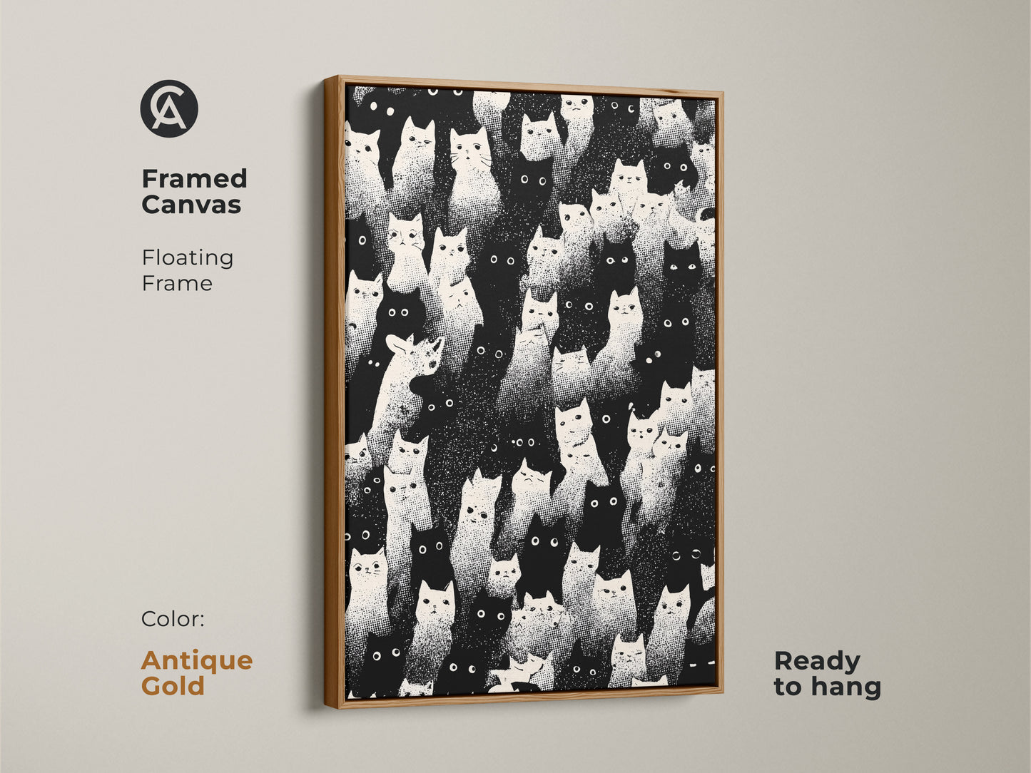Framed canvas featuring a floating frame. Antique gold color complements the eclectic cat artwork. This minimalist animal art print is ready to hang. It makes a thoughtful gift for cat moms. The graphic black and white art adds a sophisticated touch to your home.